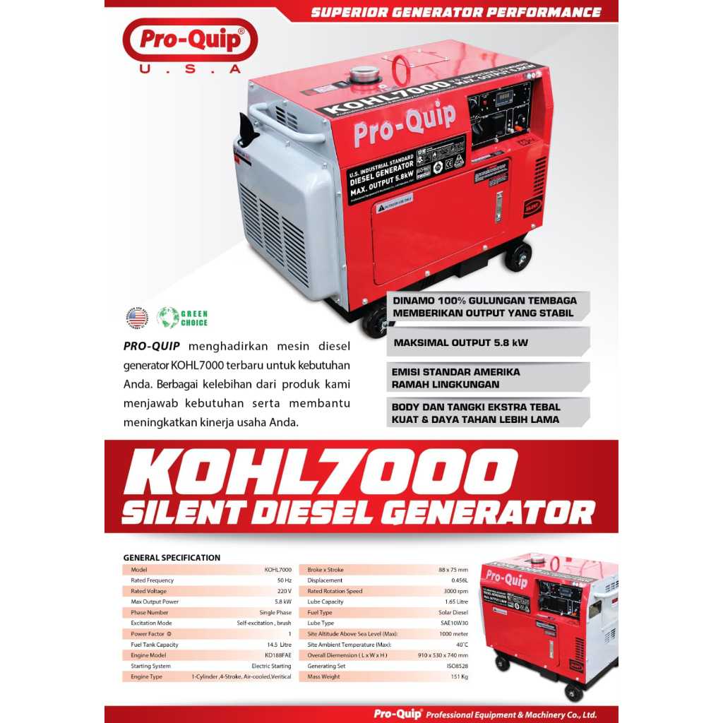 Jual Genset Silent 5000watt PROQUIP KOHL7000 / Power Generator Diesel