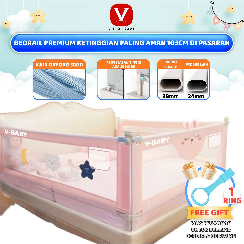 V-BABY CARE Baby Bedrail Baby Bed Rail Safety Guard Bedguard Fence Extra  Tall Pembatas Pengaman Pagar Kasur Bayi Tempat Tidur Bayi Ranjang Anak Bayi 