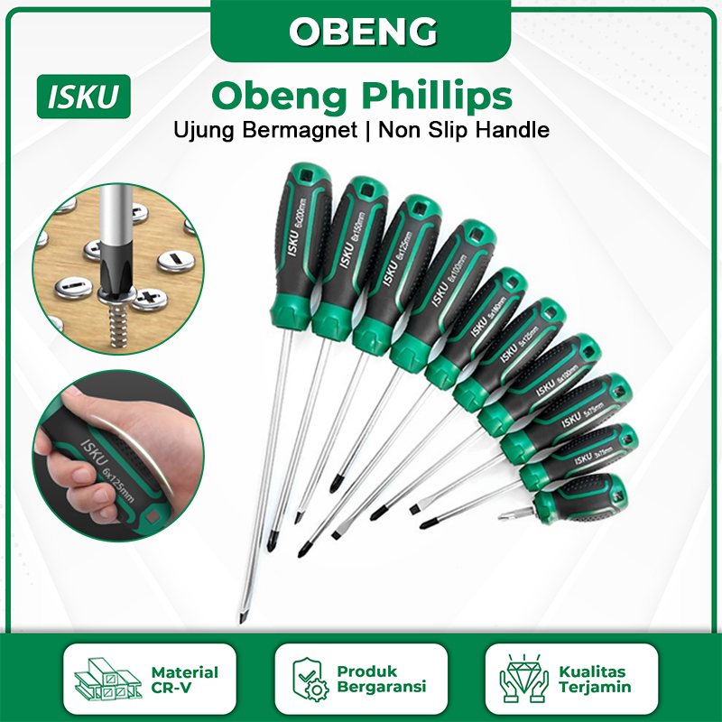Jual ISKU Obeng Magnet Set Plus Minus Obeng Listirk Gangang Karet Anti ...