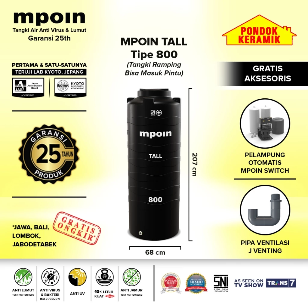 Tandon Mpoin Plus Tall TW 800 Tangki Tandon Air 750 Liter Toren Anti Lumut Garansi 25 Tahun