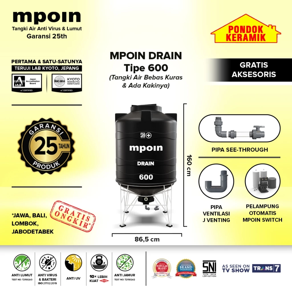 Tandon Mpoin Plus Drain 600 Tangki Tandon Air 550 Liter Toren Anti Lumut Garansi 25 Tahun