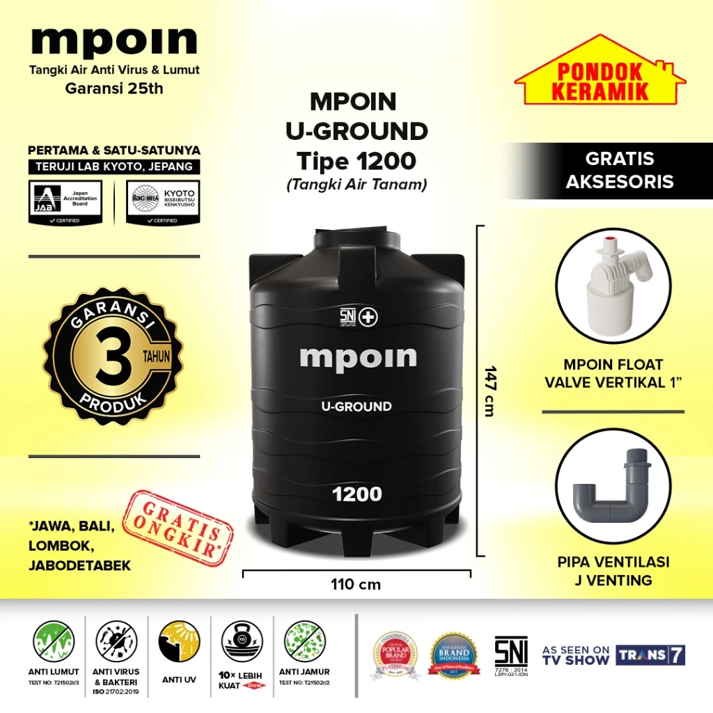 Tandon Mpoin U-Ground 1200 Tangki Tandon Air 1100 Liter Toren Anti Lumut Garansi 25 Tahun