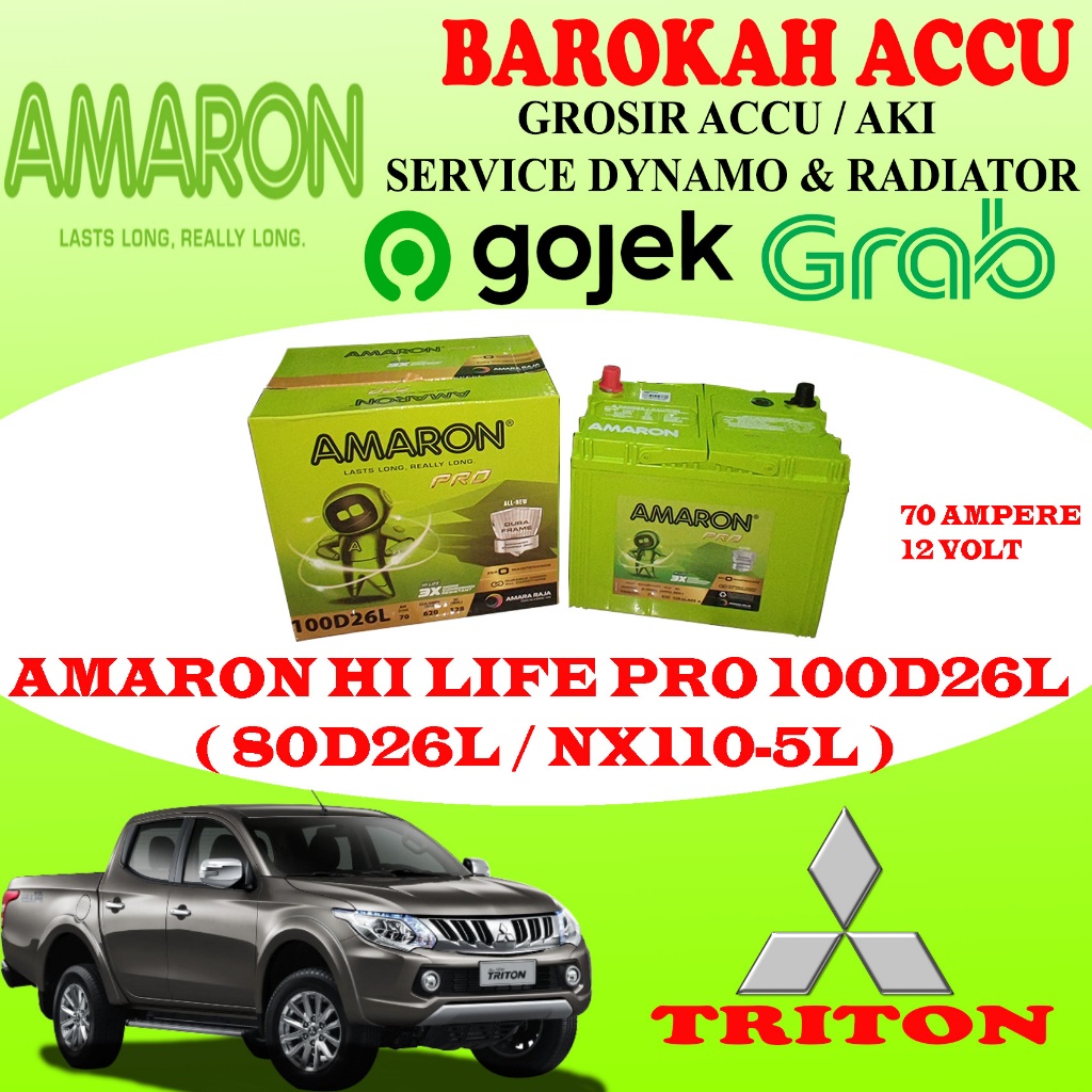 Jual AKI MOBIL MITSHUBISHI TRITON AMARON HI LIFE PRO 100D26L / 80D26L