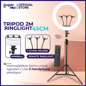 Ring Light 45cm Stand Tripod 2.1 Meter Ringlight 3 Holder Hp Lampu Live 18inch Plus Remot