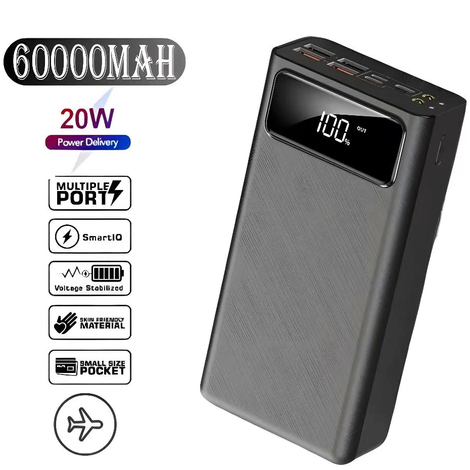 Power Bank 60000mAh Con 4 Cavi Integrati, Ricarica Rapida PD 45W, Display LED, Torcia, Per Smartphone, Tablet E Laptop