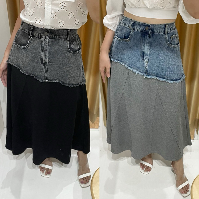 Jual [Noona Butik] Denim Skirt - Rok jeans midi | Shopee Indonesia