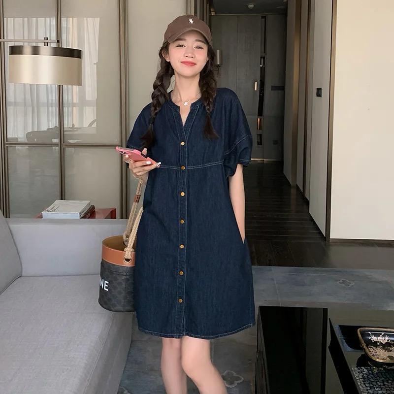 Jual (TERSEDIA PANJANG DAN PENDEK) MAXI LONG DRESS DENIM / DRESS DENIM WANITA LENGAN PENDEK KOREAM STYLE