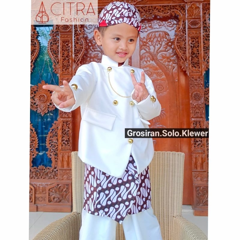 Jual DI JAMIN REALPICT/ SETELAN BASOFI ANAK BATIK PUTIH(BLANGKON ...