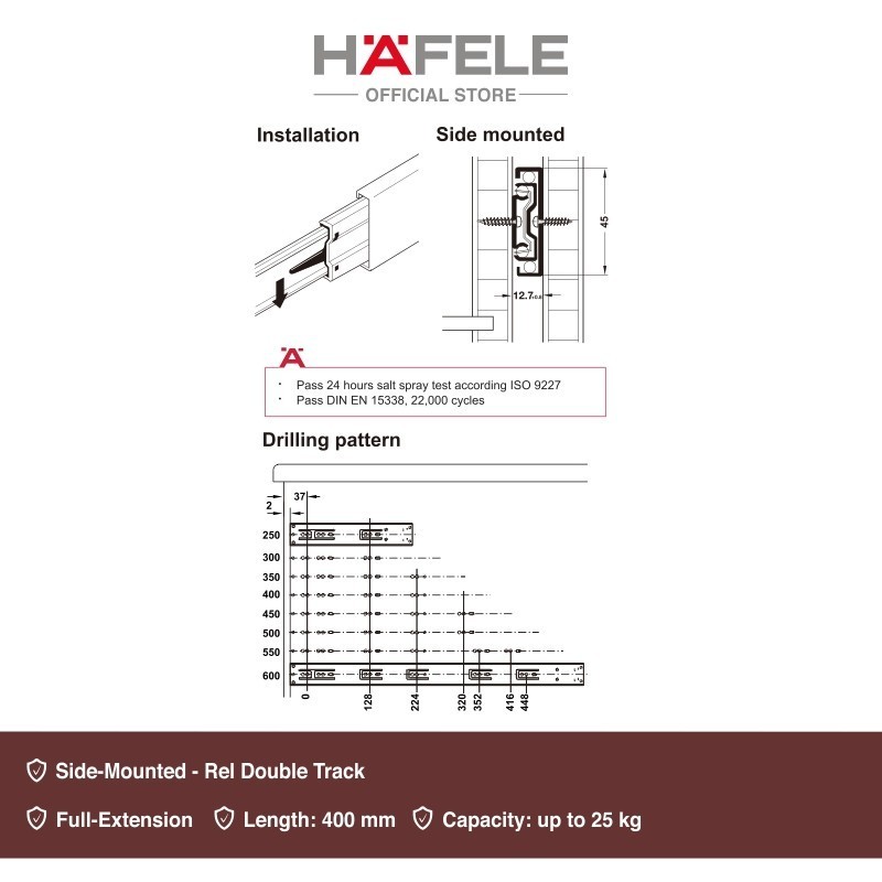 Jual Hafele Rel Laci Ball Bearing Runners Double Track Soft Close 40 cm ...