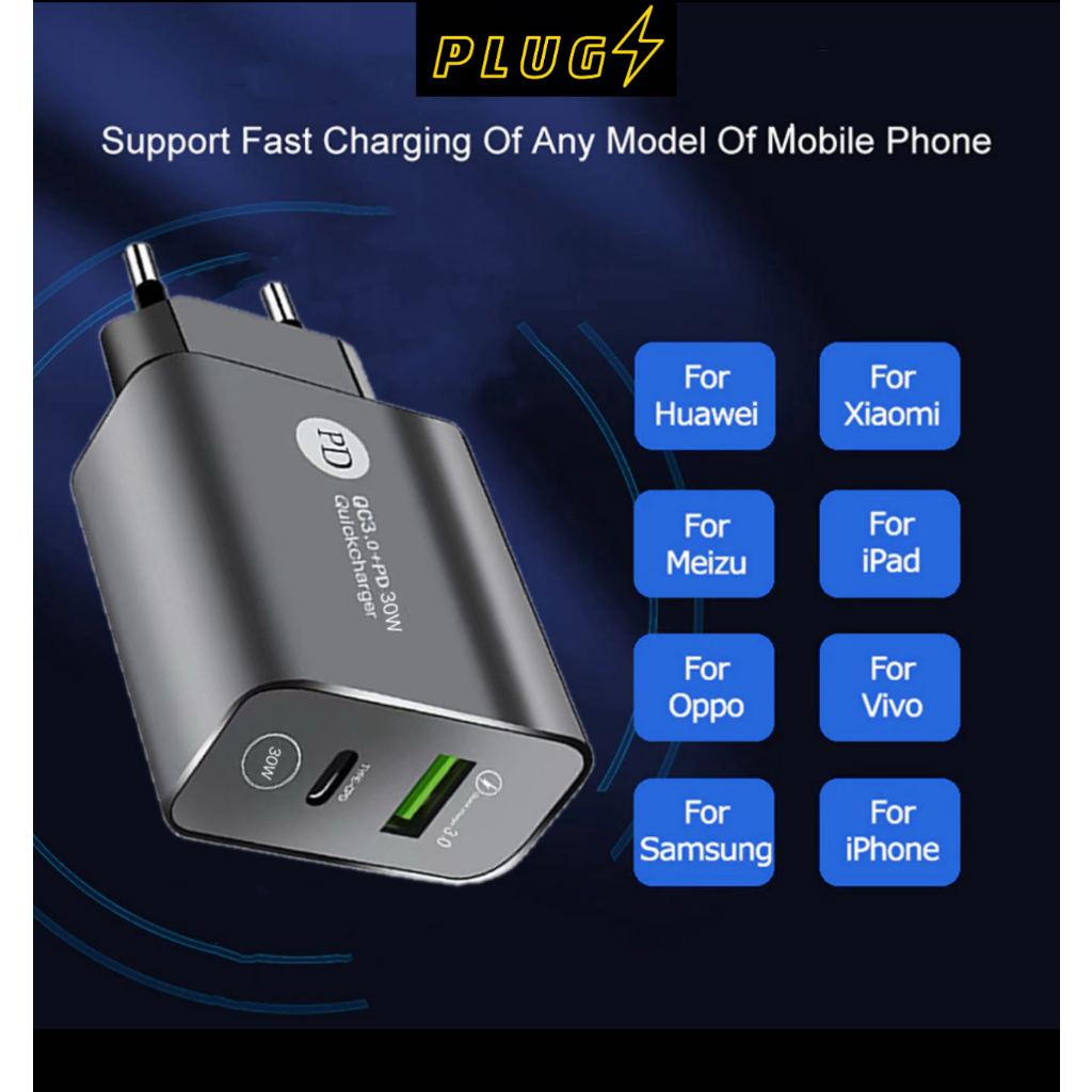 Jual [COD] PLUGS Charger BLACK 30W Fullset Charger With 3in1USB Type C ...