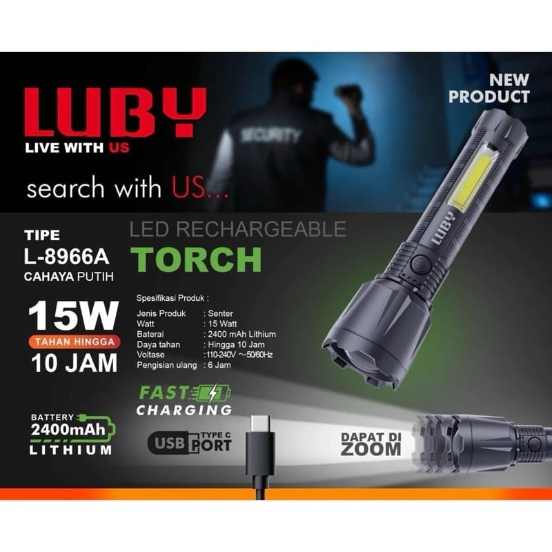 Jual senter tangan zoom in-out luby L-8965A 10 watt dan L 8966A 15 watt ...