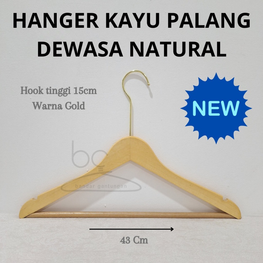 Jual Hanger Kayu Palang Gantungan Baju Wood Dewasa Natural Ada Palang Hook Gold 15Cm BH