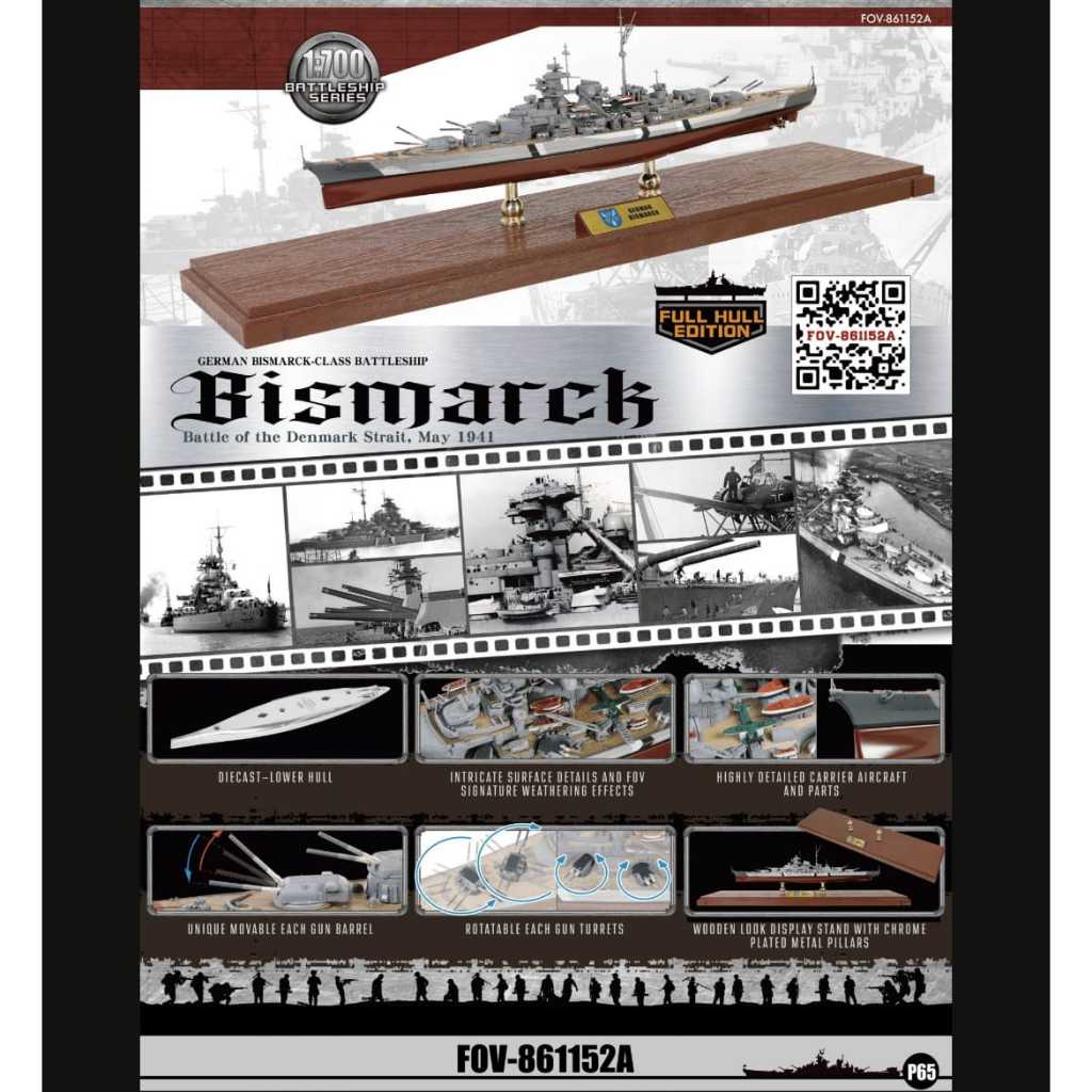 Forces Of Valor – Maquette Cuirassé Bismarck échelle 1:700 – Réplique Historique 1941, Canons Mobiles, Tourelles Orientables, Socle Inclus – Diorama Militaire