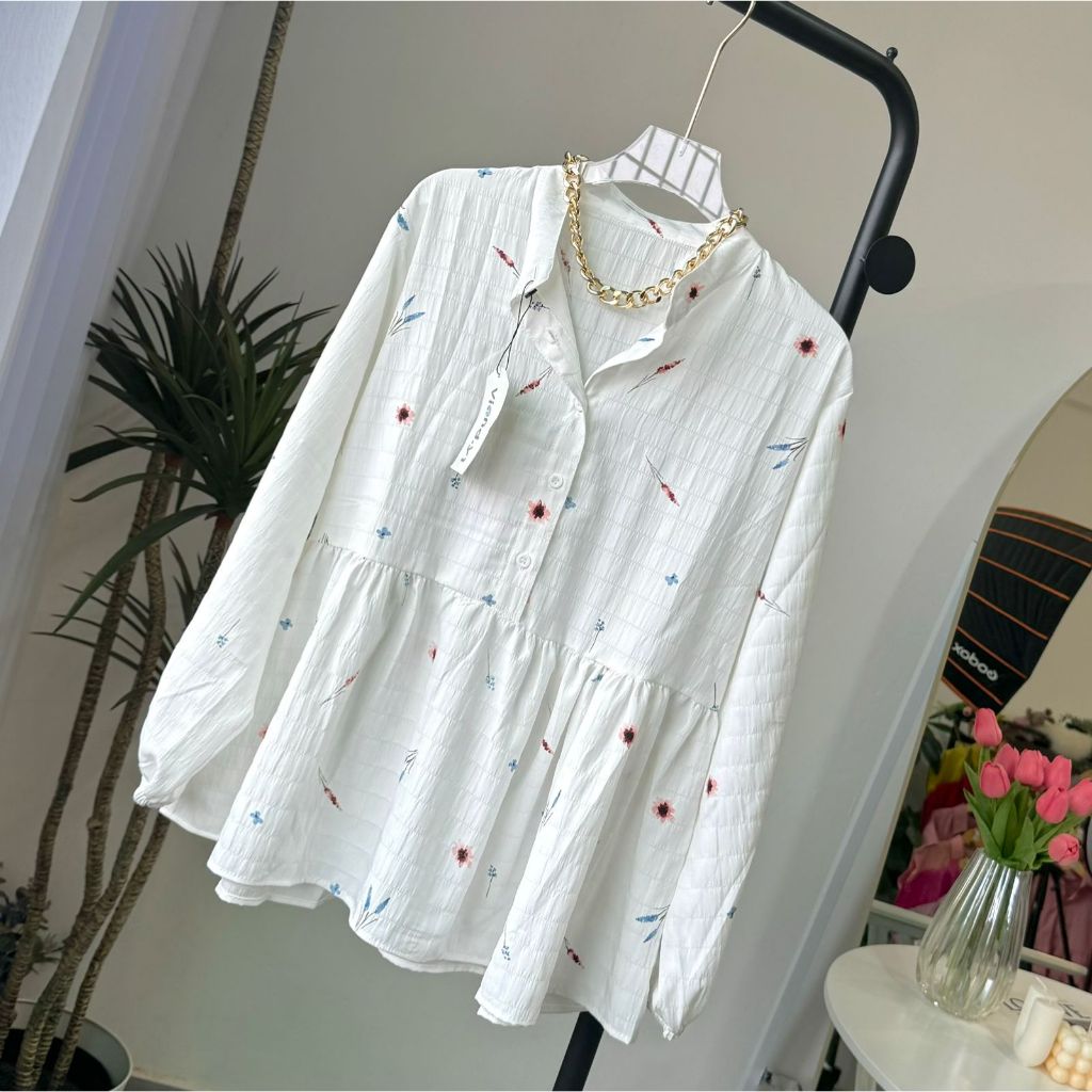 Jual Shirt Motif Bunga Atasan Wanita Kemeja Korea Blouse Lengan