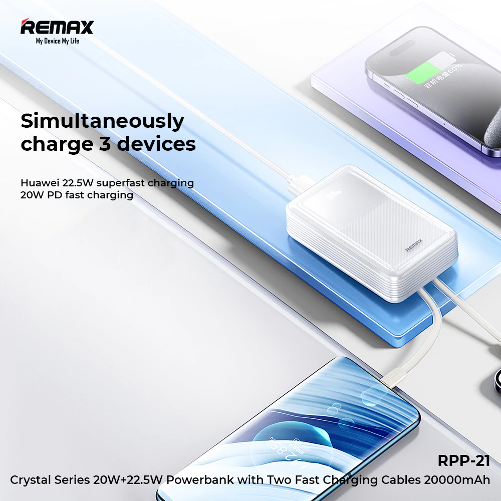 Remax Powerbank Fast 20000mAh Flight Friendly 22,5W+20W Build Cable Type-C+iPh RPP-21