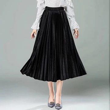 Rok Plisket Bludru 7 8 Spring Autumn Woven Hight Waist Plester Midi Skirt Rok Velvet Mewah