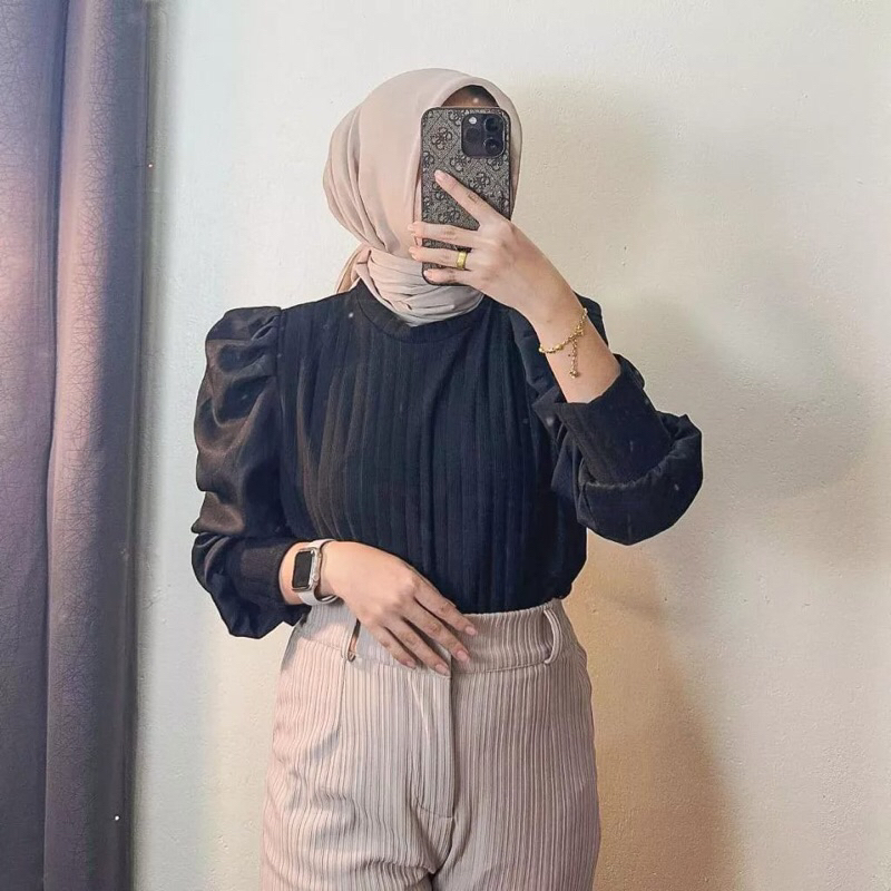 rasha puffy top / atasan wanita hornet / blouse knit puff mix satin / blouse lengan balon / blouse korean style