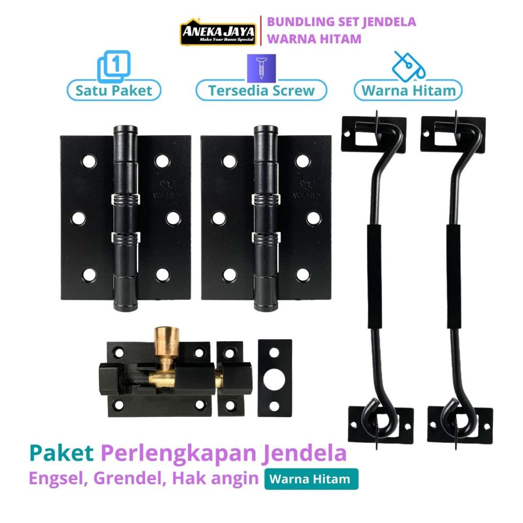 Paket Perlengkapan Jendela Kayu Alumunium Satu set Engsel Slot Kunci Hak Angin Ramskar Putar -  Warna Hitam Silver Chrome