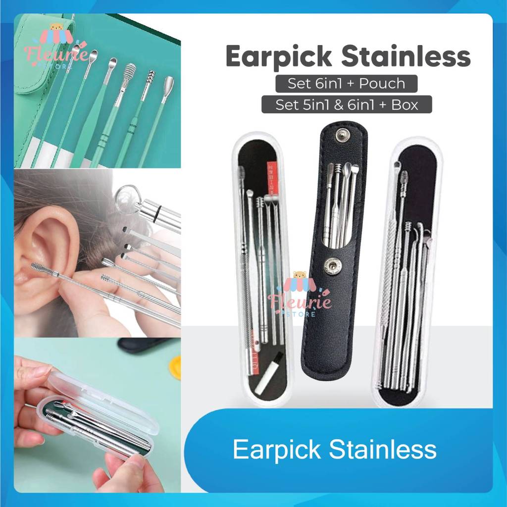 Jual Earpick Stainless Set 6in1 + Pouch Dompet Mini / Set 5in1 + Box ...