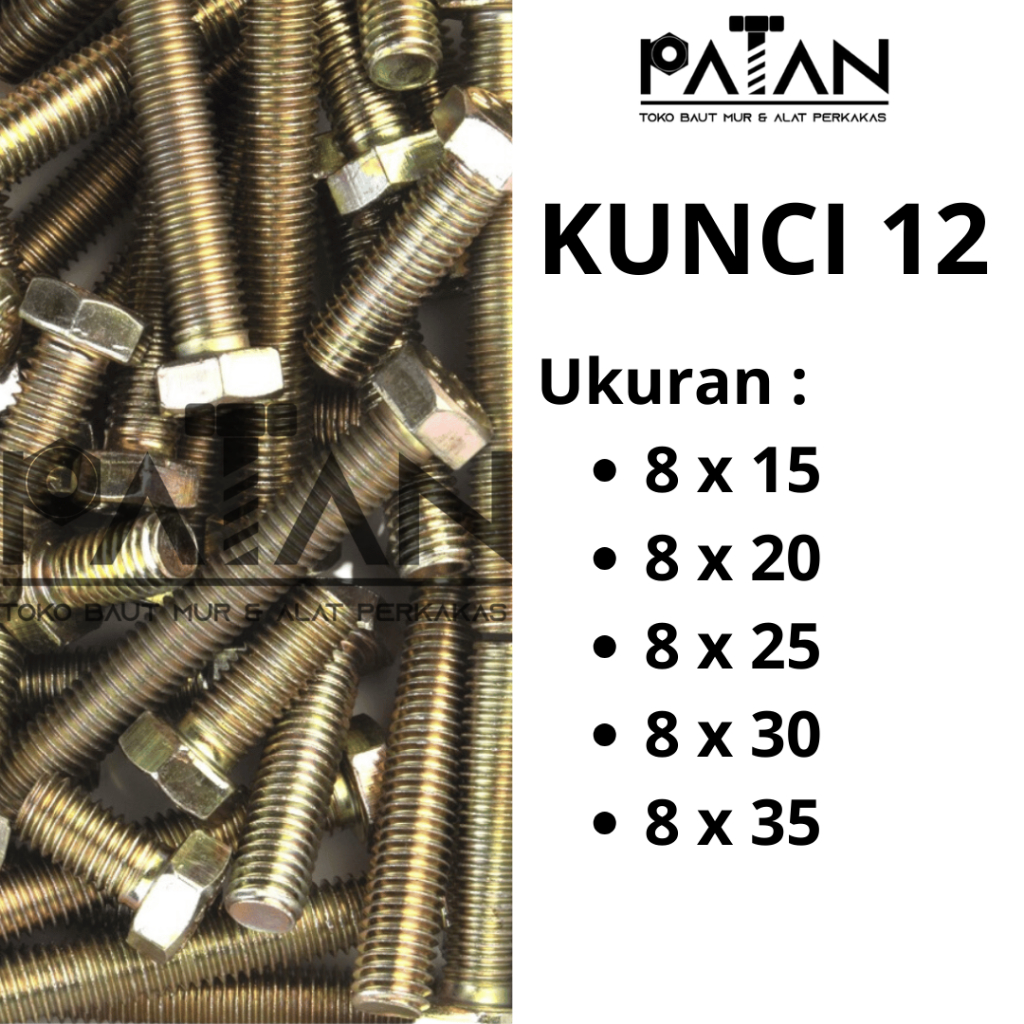 Jual [ISI 10 PCS] Baut Dan Mur Besi M8 (Panjang 15-35) Kuning Kunci 12 ...