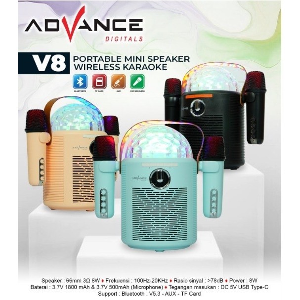 Jual Speaker Karaoke Bluetooth Mini Advance Portable V8 Lampu disco RGB ...