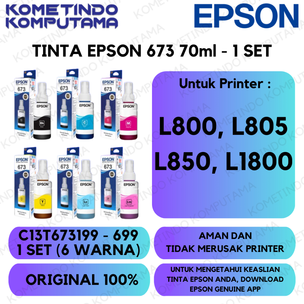 Jual 1 Set 6 Warna T 673 Tinta Epson L800 L805 L850 L1800 T673 673 ...