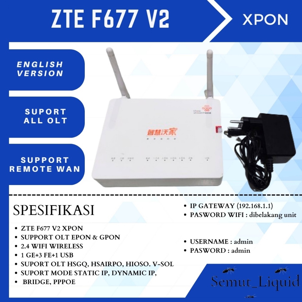 Jual MODEM ONU XPON ZTE F677 v2 Grade A casing kecil Plus adaptor ...