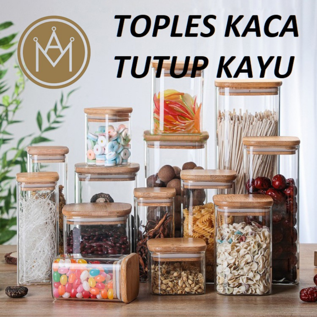 Jual Toples Kaca Estetik Tutup Kayu Tempat Penyimpanan Makanan Coffee ...