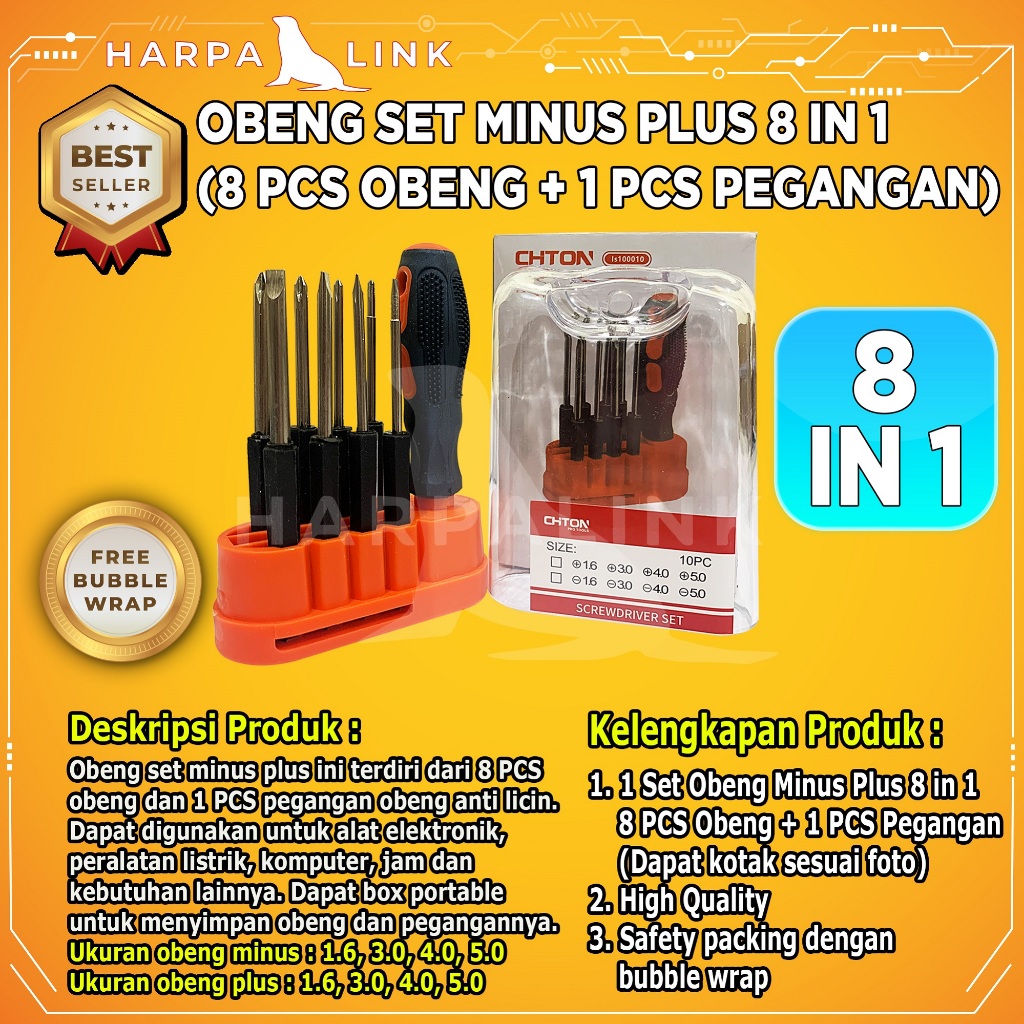 Jual Oval Obeng 8 In 1 Set Minus Plus Lengkap / Obeng 8 In 1 / Perkakas ...
