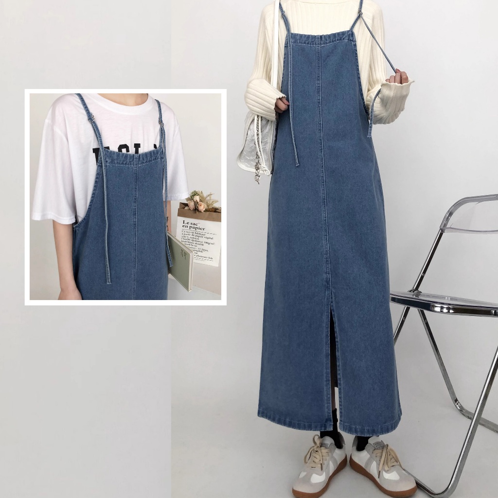 Jual KeyGirl Jumbo midi dress denim rok overall dress jeans belah ...