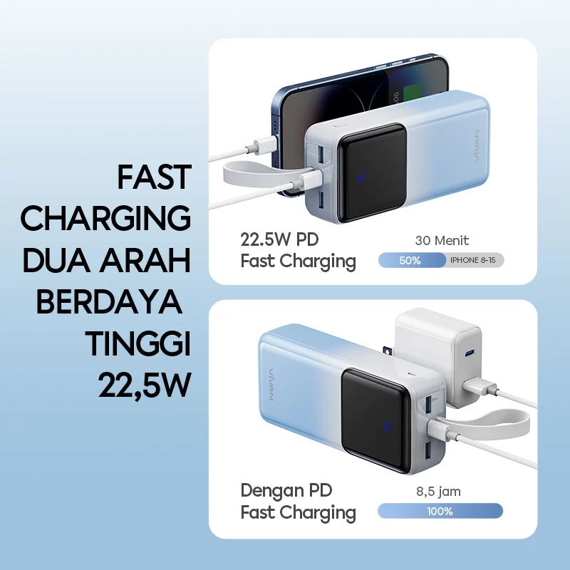VIVAN Powerbank VPB-D30 30.000 mAh Fast Charging PD 22,5W 2 Input & 3 Output Garansi 18 Bulan