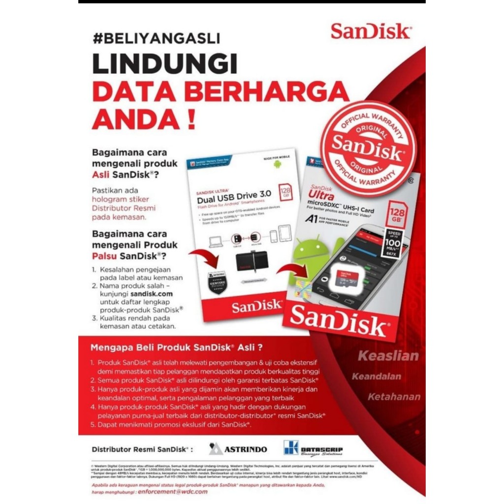 Jual MICRO SD 128GB SANDISK CLASS 10 ORIGINAL ASTRINDO /DATASCRIPT ...