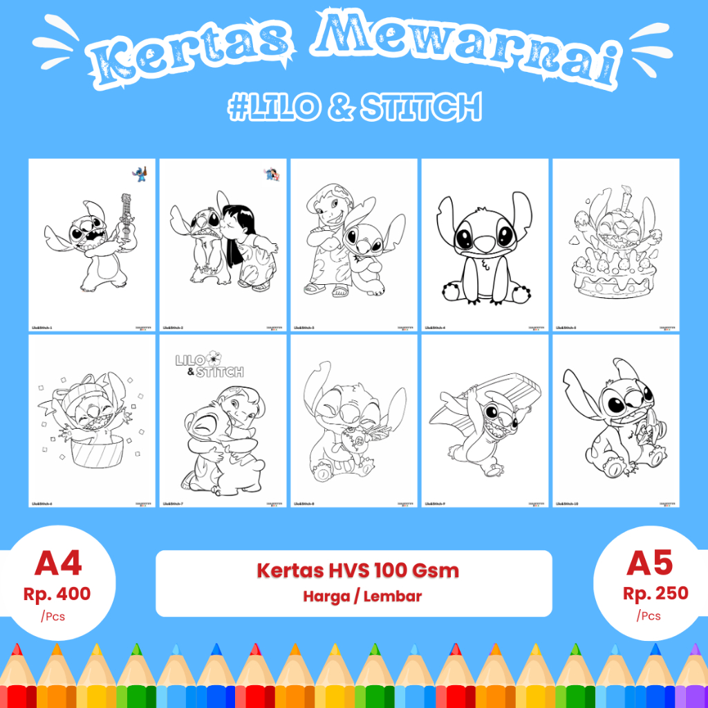 Jual Gambar Mewarnai Lilo dan Stitch-10 A4 / A5 Kertas Sketsa / Kertas ...