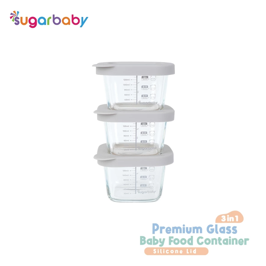 SugarBaby Premium Glass Jar Baby Food Container 3 pcs BPA FREE / Peralatan Makan Bayi MPASI / Wadah Mangkok Bayi Silicone Lid  (GREY)