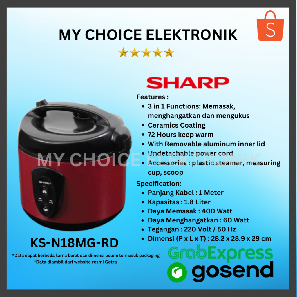 Jual Sharp Rice Cooker KS-N18MG-RD / KSN 18 MG (1.8 Liter) | Shopee ...