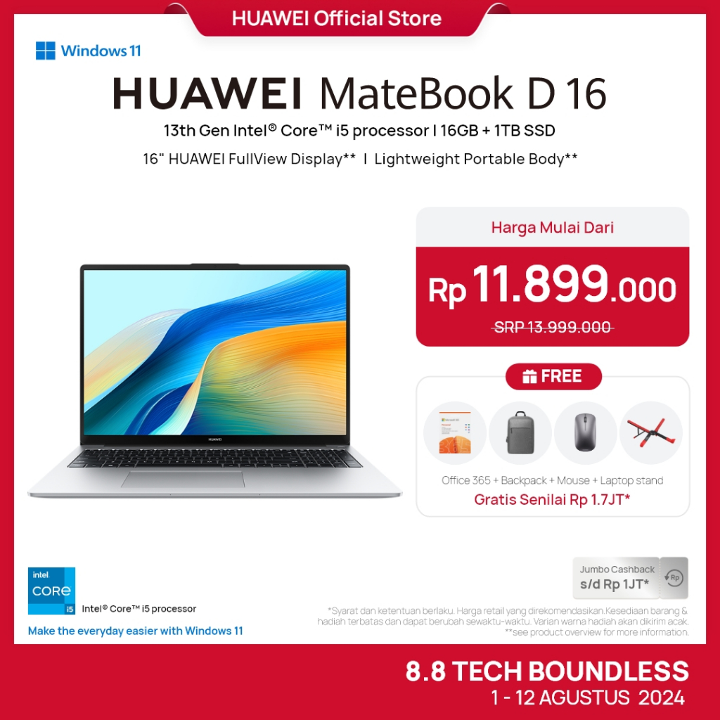 HUAWEI MateBook D 16 laptop with Intel Core i9-13900H processor and 70Wh battery