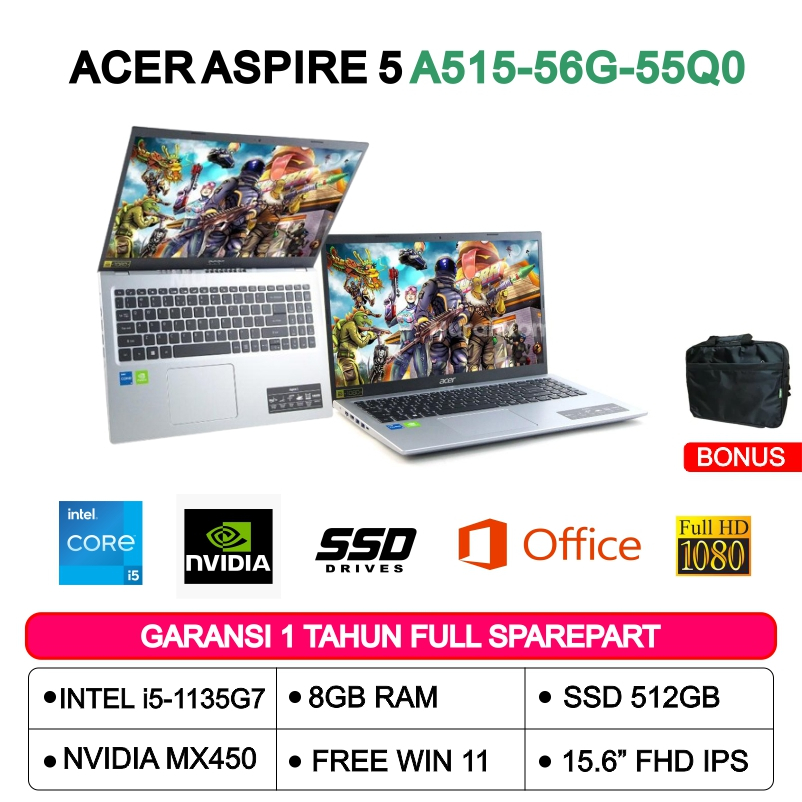 ACER ASPIRE A515-56G-55Q0 INTEL CORE i5-1135G7 8GB SSD 512GB NVIDIA MX450  15,6