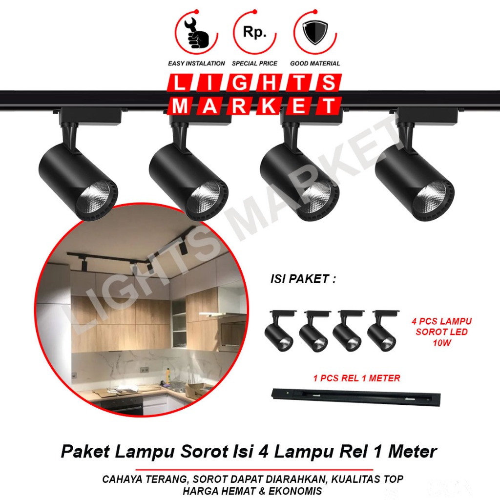Jual Paket Lampu Sorot Rel isi 4 Spotlight Rell Track Light 10W 10 Watt ...