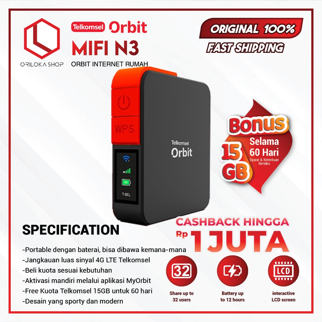 Jual Telkomsel Orbit Mifi N3 | HKM M23 Modem Mifi Wifi 4G Portable ...