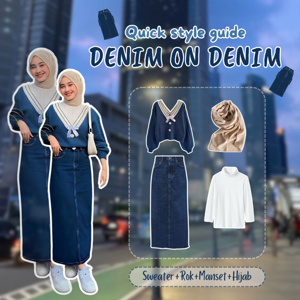Jual 4 IN 1 One Set Hijab Korean Style Outfit Remaja Kekinian Rok Denim ...