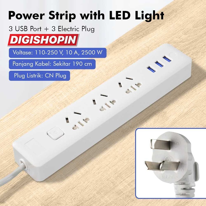 Jual Stop Kontak Dengan Kabel 1.9m Powerstrip 3 USB Port and 3 Electric ...
