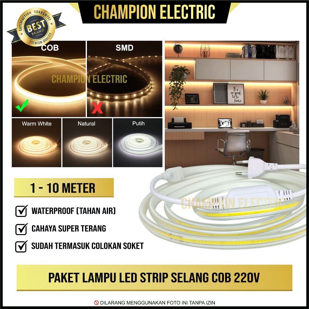 Jual LED Strip COB 220V Lampu Selang Fleksibel Super Terang 1m-10m ...