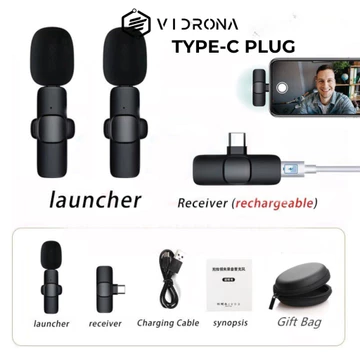 VIDRONA Mic Wireless Clip On Microphone Lavalier HP Plug Play Mic Konten Vlog Video Streaming