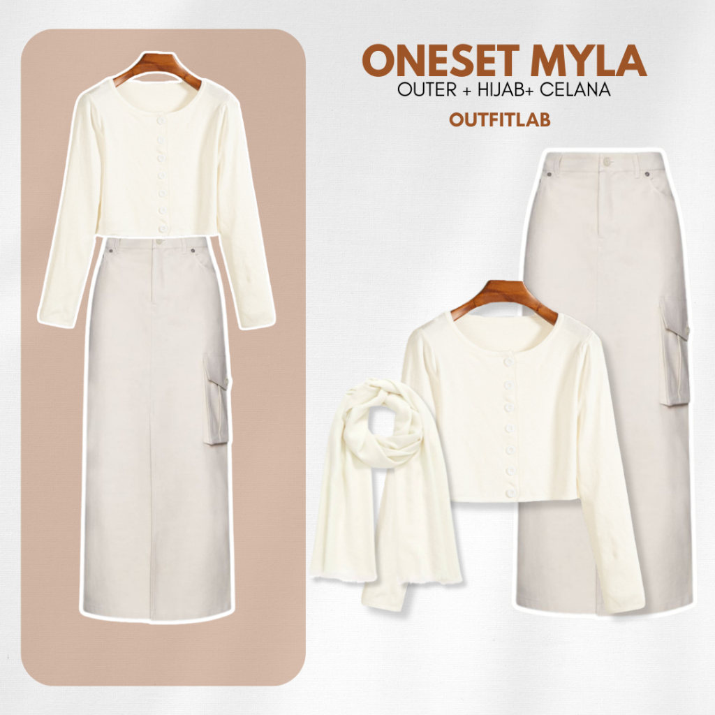 Jual Outfit Set Myla Hijab Cardigan Rajut Putih Rok Cargo Cream ...