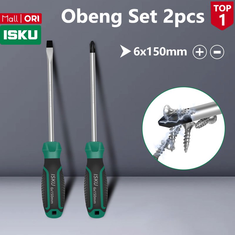 Jual ISKU Obeng 2pcs 6*150mm 6 inch Obeng Gagang Karet Plus Minus ...