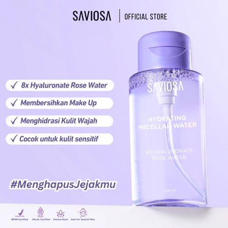 SAVIOSA Hydrating Micellar Water 8x Hyaluronate Rosewater 300 ml Pembersih Wajah & Make Up Remover Anti Perih & Tidak Kering