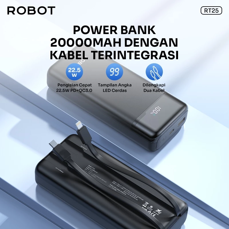 ROBOT Powerbank Fast Charging 20000mAh 22.5W 2 Built in Cable Type C Lightning LED Display Power bank RT25 Original