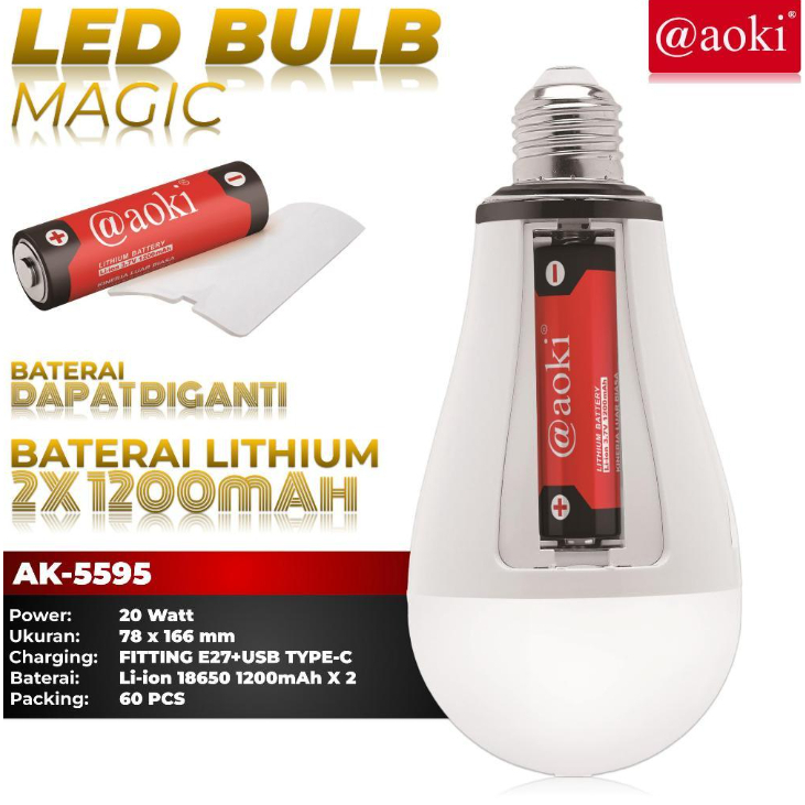 Jual AOKI Lampu led bohlam magic emergency AD/DC 20w fitting on/off ...