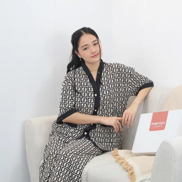 ST Vianca Piyama Motif Pita Love Powysuit Bahan Satin Lengan Pendek Celana Panjang Baju Tidur