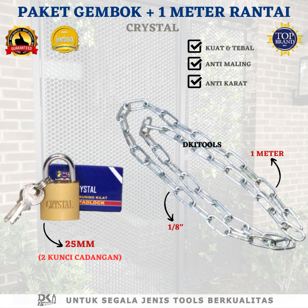 Jual CRYSTAL Paket Gembok 25 MM + Rantai 1 & 5 Meter Kuat Anti Karat ...